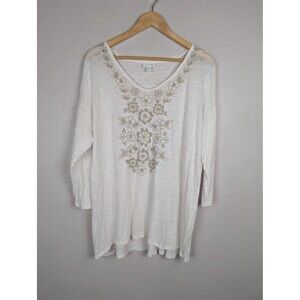 J Jill Shirt Womens Large White Linen Embroidered Floral Scoop Tunic Top Mb